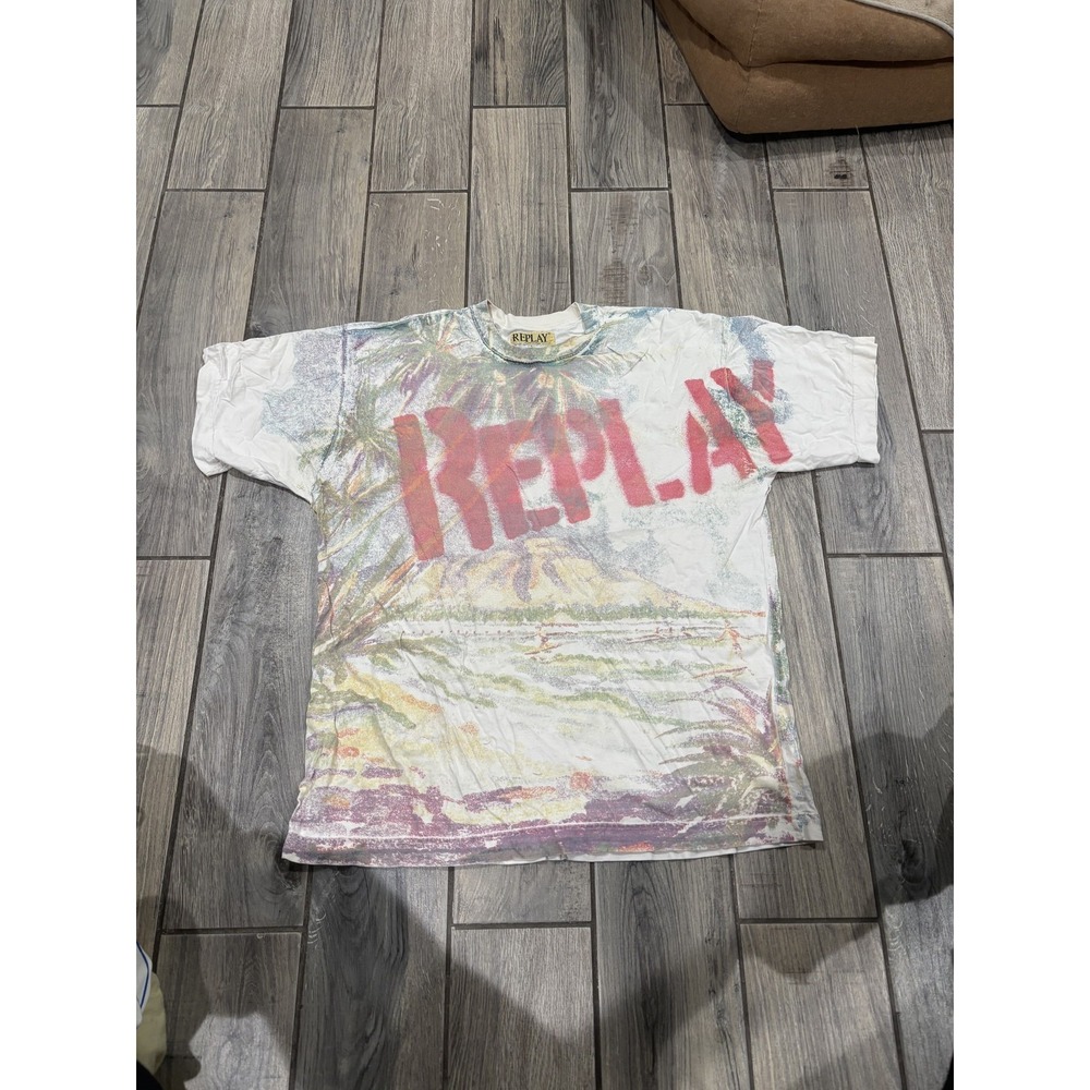 Vintage Replay Men's Large T-Shirt White Tropical Print Made in Italy Distressed